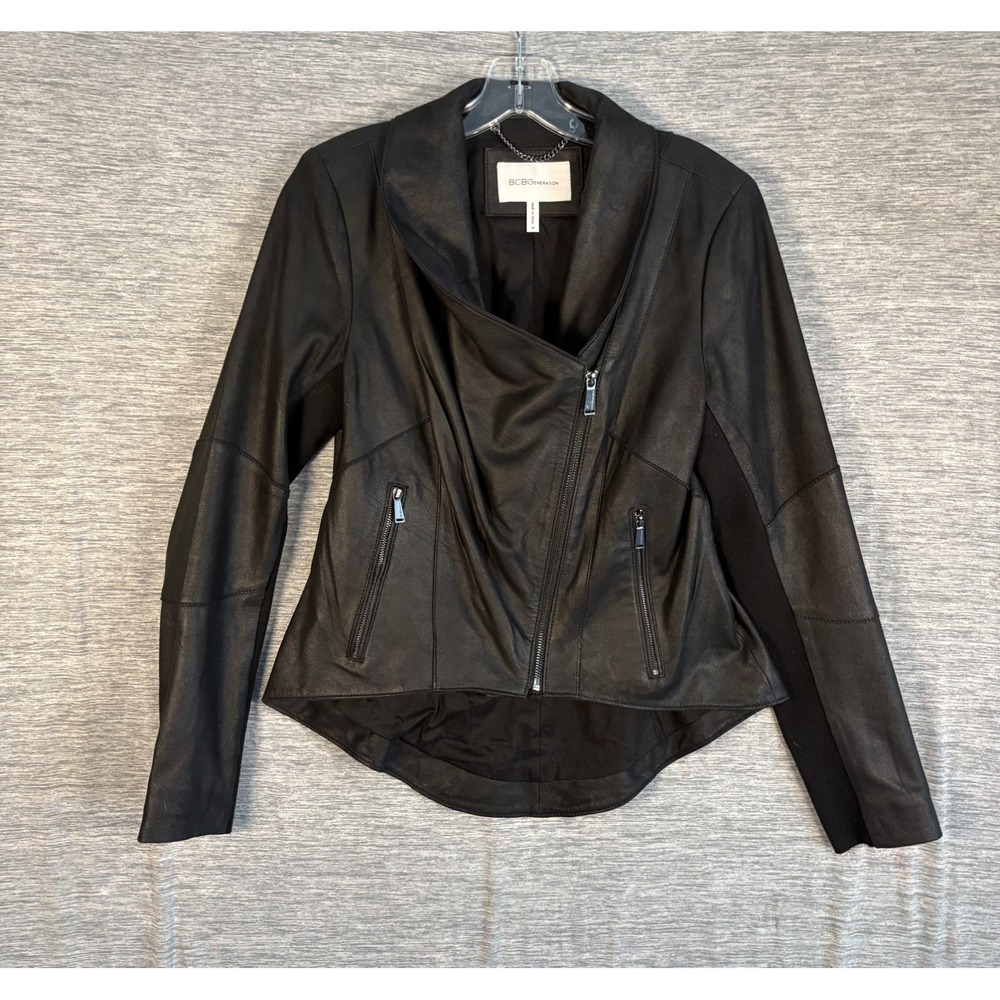 BCBGeneration Black Leather Jacket Bomber Moto Full Zip Ribbed Trim Womens Sz M